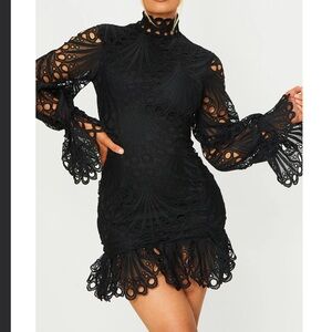 Black High Neck Lace Long Sleeve Frill Bodycon Dress